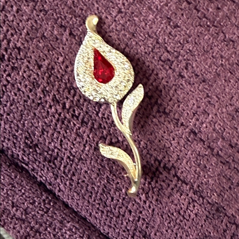 Ruby Red Rhinestone Rose Flower Brooch 2.5 Inch